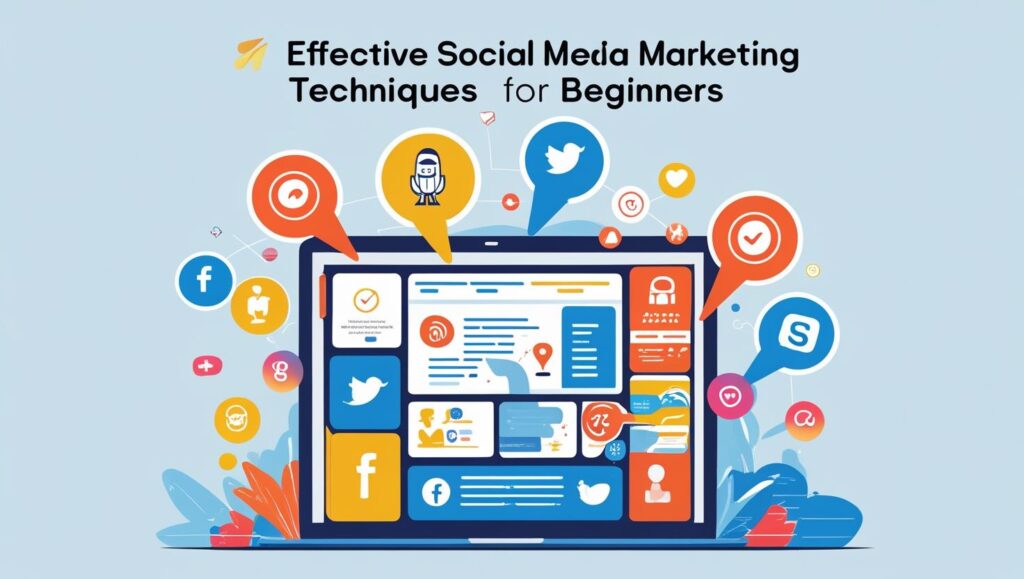 Social Media Marketing with facebook twitter intagram google images showing on laptop