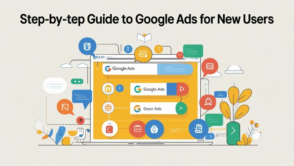 Google Ads Step by step guide for new users showing seo content website smm etc
